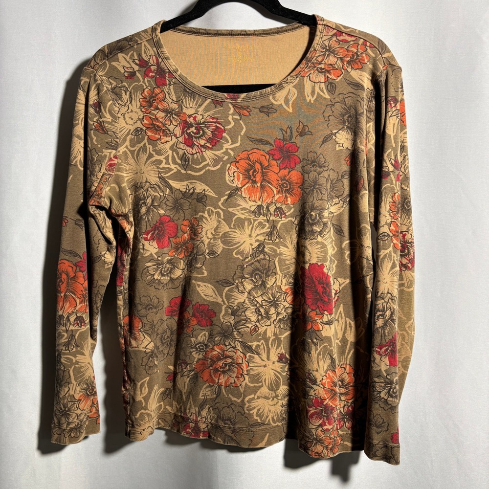 VTG Y2K Brown Red Orange Floral Long Sleeve T Shirt Cotton Fitted Fairy Grunge M